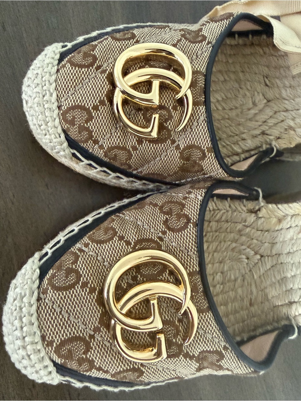 Gucci Beige Monogram Espadrille Wedge Sandals with Gold Logo - Picture 10 of 13